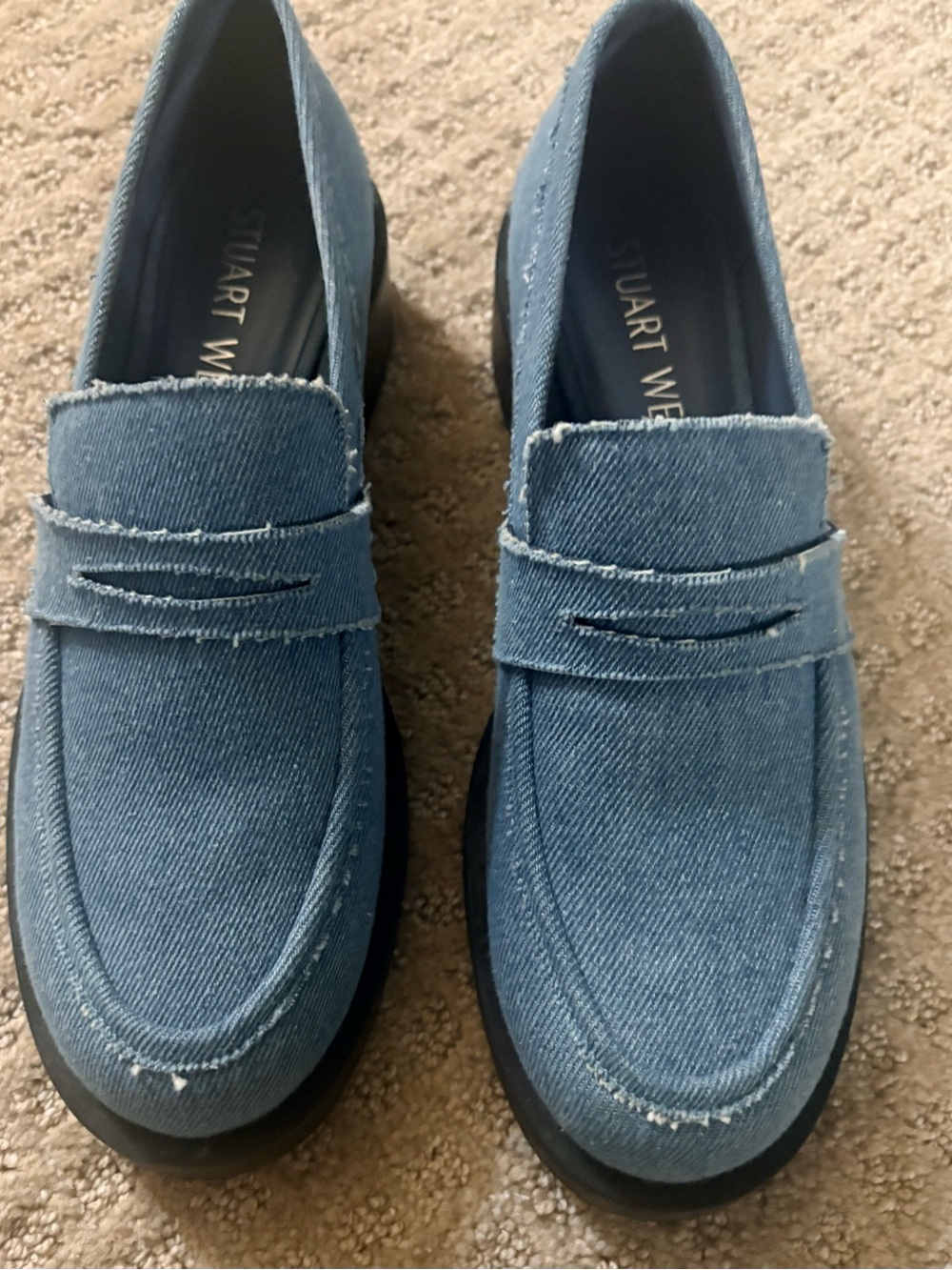 Stuart Weitzman Denim Blue Frayed-Edge Penny Loafers